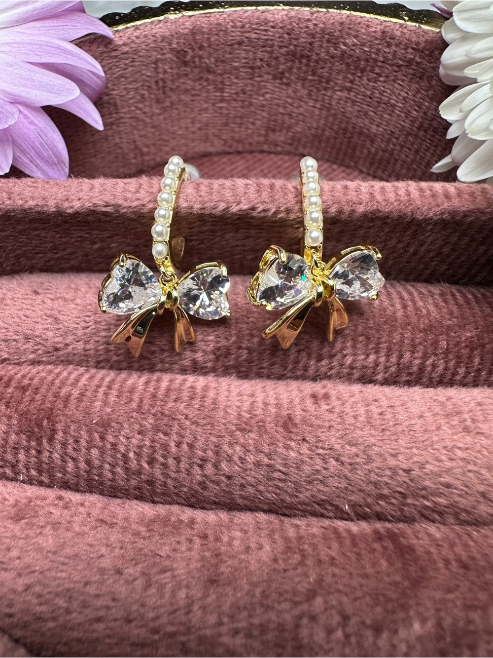 Gold Bow Pearl Hoop Earrings with Clear Crystals
